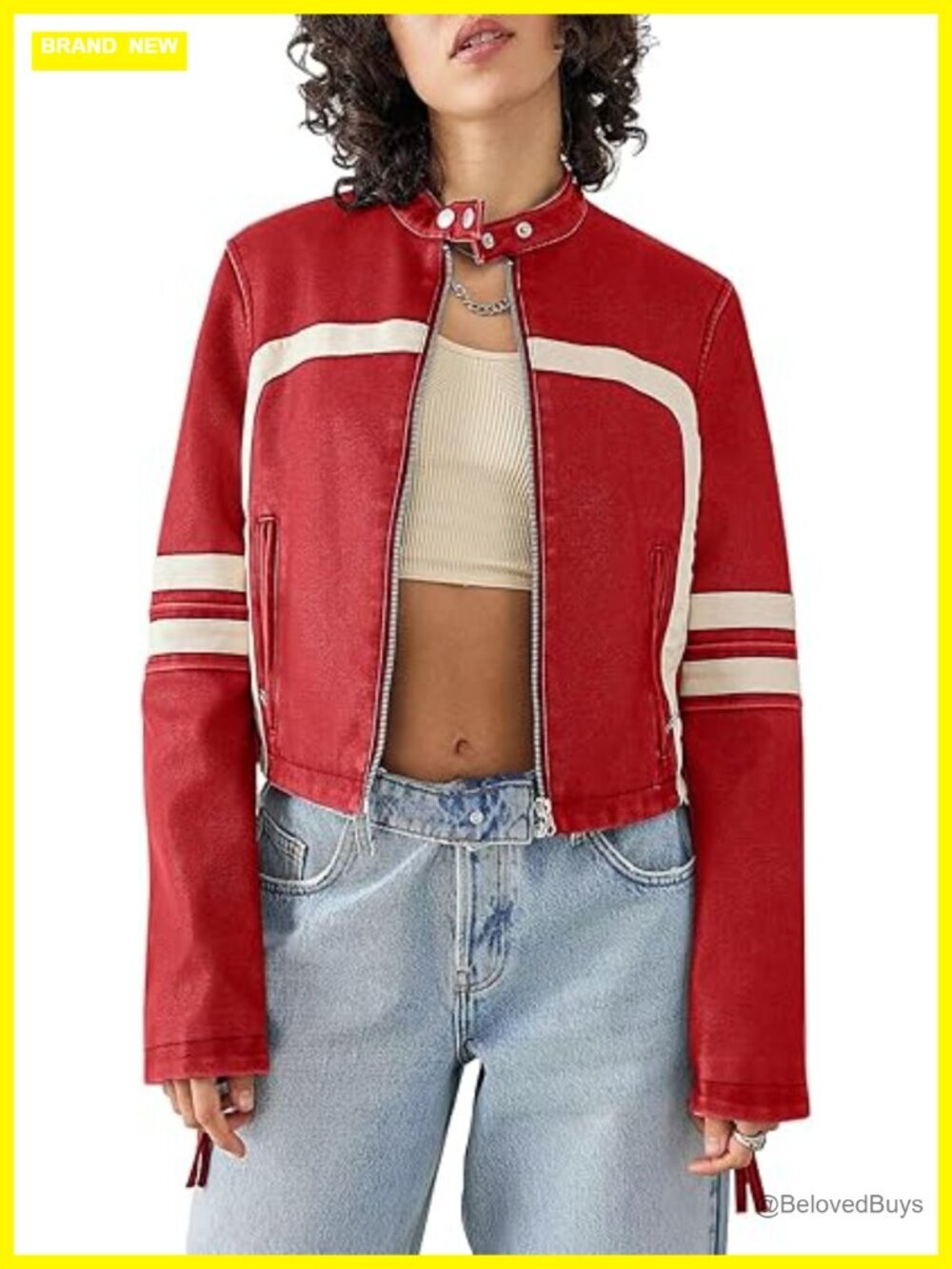 Women's Faux Leather Cropped Motocross Jacket Zip Up Stand Collar